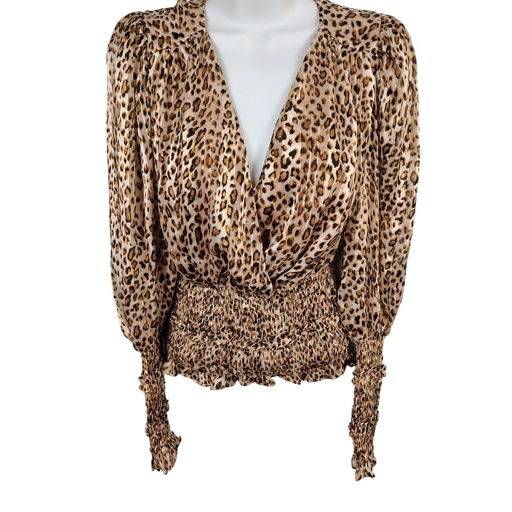 Womens S DO+BE Leopard Print Smocked Waist V-Neck Blouse Brown Metallic Mob Wife